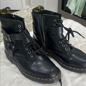 Dr. Martens Black Leather Lace-Up Combat Boots with Yellow Stitching
